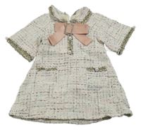 Bielo-farebné trblietavé šaty s golierikom a mašlou s kamienkami