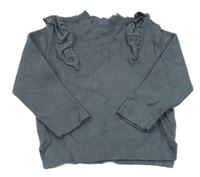 Tmavosivý rebrovaný sveter s madeirovými volániky Zara