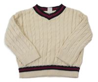 Smetanový svetr s copánky a vínovým leme H&M