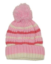 Ružovo-biela pruhovaná pletená čapica s brmbolcom