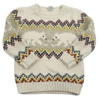 Smetanovo-svetlosivý vlnený sveter s medvedíkmi a vzorom Tu
