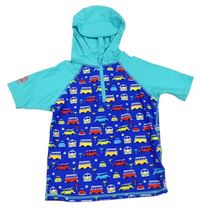 Safírovo-tyrkysové UV tričko s autami a autobusy a kapucňou s kšiltem