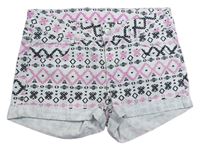 Bielo-čierno-ružové vzorované rifľové kraťasy so srdiečkami zn. H&M