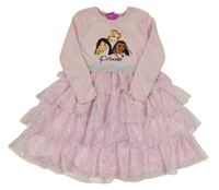 Světlerůžové žebrované/tylové šaty s Disney princeznami a volánky s hvězdičkami PRIMARK