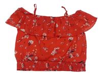 Červený žoržetový crop top s květy a pampeliškami a volánkem Page one young
