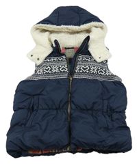 Tmavomodrá šusťáková zateplená vesta s vločkami a srdíčky a vzorem a kapucí Next