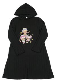 Černé žebrované úpletové šaty s L.O.L. SURPRISE! a kapucí 
