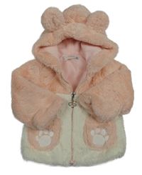 Svetloružová -smotanová kožušinová podšitá bunda s tlapkami a kapucňou s uškami