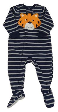 Tmavomodro-šedý pruhovaný fleecový overal s tygrem carter's