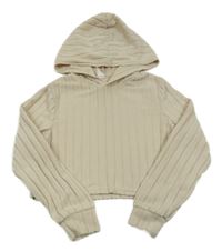 Svetlobéžová rebrovaná úpletová crop mikina s kapucňou SHEIN