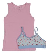 2Set - Ružová košieľka  s mašlí + modro/bílá pruhovaná lambáda s třešničkami