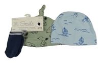 Nové - 3Set - 2x - Čepice + tmavomodro/šedé ponožky Smile