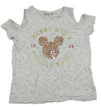 Bielo-čierne melírované tričko s Mickey z flitrů a zlatými nápisy a volnými rameny Disney