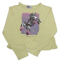 Žluté crop triko s jednorožcem z překlápěcích flitrů INFINITY KIDS
