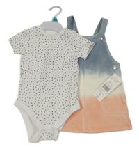 Nové - 2Set - Modro-bielo-broskvové batikované rifľové šaty + bielo-čierne vzorované body F&F