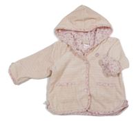 Růžovo-smetanová pruhovaná sametová propínací podšitá mikina se srdíčky a mašlemi a kapucí little bundle