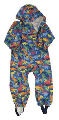 Modrá šušťáková nepromokavá kombinéza s dinosaurami a kapucňou Jojo Maman Bébé