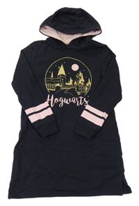 Tmavomodré teplákové šaty s potiskem - Harry Potter a pruhmi a kapucňou
