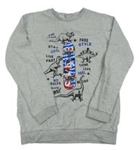 Sivá melírovaná mikina so skateboardem z překlápěcích flitrů a dinosaurami LC Waikiki