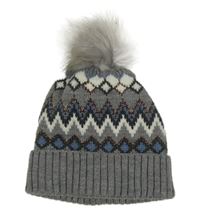 Šedo-modro-bílá vzorovaná třpytivá pletená čepice s bambulí