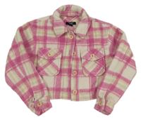 Béžovo-tmavorůžová kostkovaná košilová crop bunda New Look