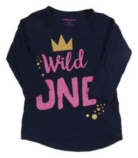 Tmavomodrá bavlnená šatová tunika s nápisom a korunou