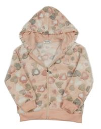 Růžová chlupatá propínací mikina se srdíčky a kapucí