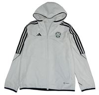 Bílá šusťáková sportovní funkční bunda s potiskem a kapucí Adidas