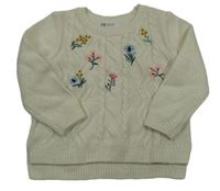Smotanový vzorovaný vlnený sveter s výšivkami květů zn. H&M