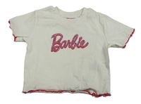 Biele crop rebrované tričko s nápisem - Barbie