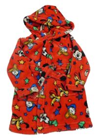 Červený chlpatý župan s Mickeym a kamarády a kapucňou