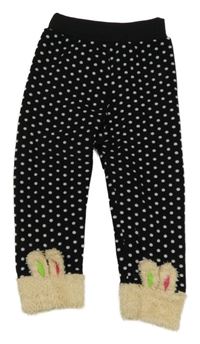 Černé plyšové puntíkaté legíny s králíky 