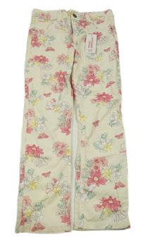 Nové - smetanovo-růžové květované plátěné kalhoty Yd.
