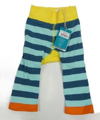 Nové - Modro-žlto-oranžové pruhované punčocháčové legíny s vtáčikom