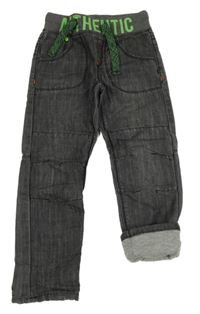 Šedé podšité rifle s úpletovým pasem a nápisem 