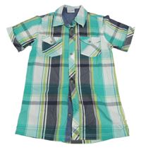 Tyrkysovo-sivo-biela kockovaná košeľa s nápismi Yigga