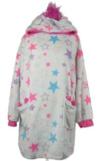 Dámska biela hviezdičkovaná chlpatá oversized domáceá mikina s kapucí - jednorožec zn. Primark