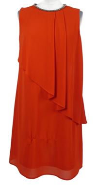 Dámske červené šifónové petite šaty z korálky a volánem