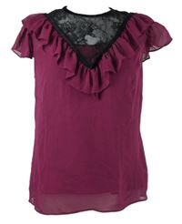 Nové - Dámská purpurová šifonová halenka s volánkem a krajkou M&S