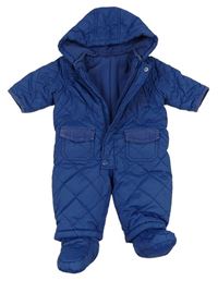 Modrá šušťáková prešívaná zimná kombinéza s kapucí + topánky Mothercare
