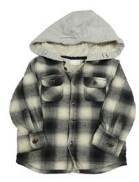 Čierno-smotanová kockovaná zateplená košeľová bunda s kapucňou zn. F&F