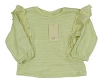 Nové - Svetlozelená trblietavá prúžkovaná mikina s madeirovými volániky Junior