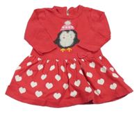 Rubínové pletené šaty s tučňákem a srdiečkami Matalan