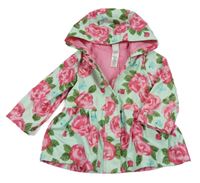 Mintová nepromokavá jarní bunda s květinami a kapucí Little Me