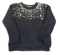 Antracitový chlpatý sveter s flitrami H&M