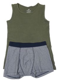 2 set - Khaki nátělník + tmavomodro-bílé pruhované boxerky