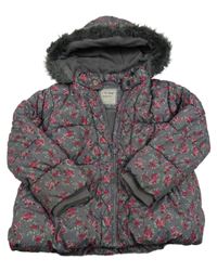 Sivo-vínová kvetovaná šušťáková zimná bunda s kapucňou zn. Next