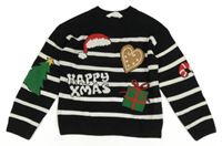 Čierno-biely pruhovaný sveter s vánočními obrázky H&M