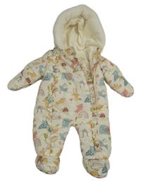 Smotanová šušťáková zimná kombinéza so zvieratkami a duhami a volánikmi a kapucňou s kožešinou George