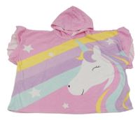 Růžovo-fíalovo-žlutá froté pončo osuška s jednorožcem a volánky a kapucí Matalan